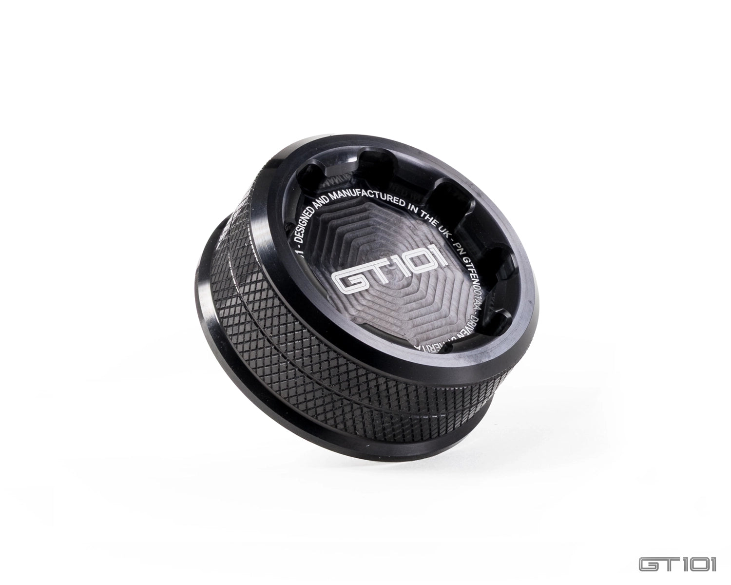 GT101 billet aluminium brake fluid reservoir cap for Ford Mustang S550 and S650, black anodised with knurled grip and engraved GT101 logo