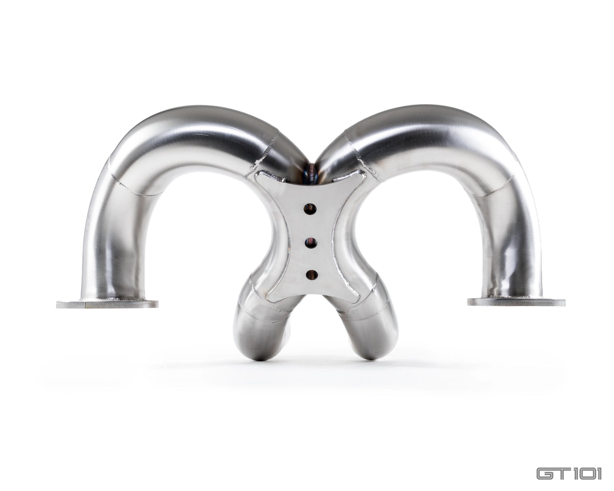 GT101 UK-designed stainless steel X Pipe performance exhaust for 2005–2006 Ford GT supercharged V8, rear profile