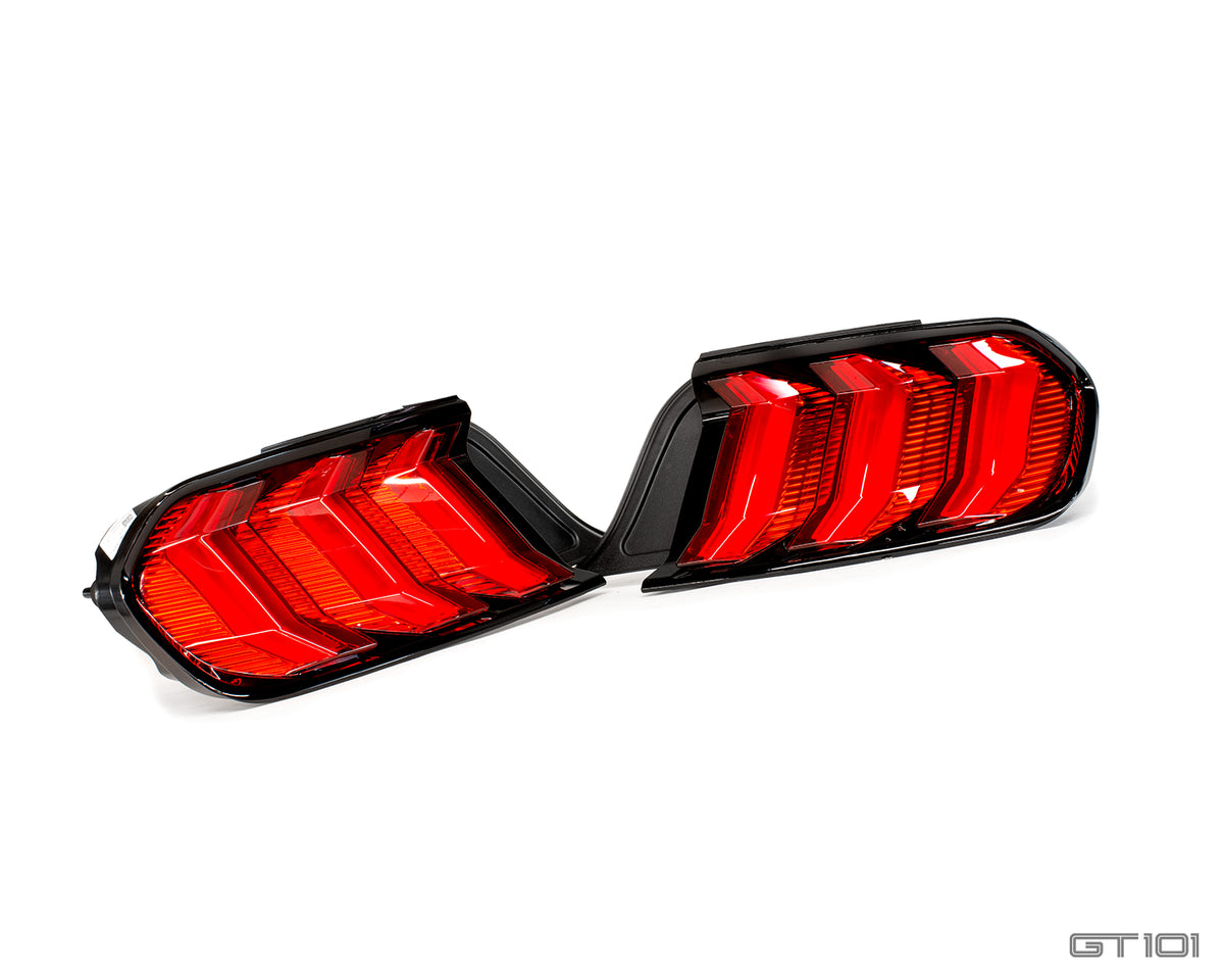 Ford Mustang red LED rear tail light clusters with three-bar design and black housings with sequential indicators – left and right replacement lights