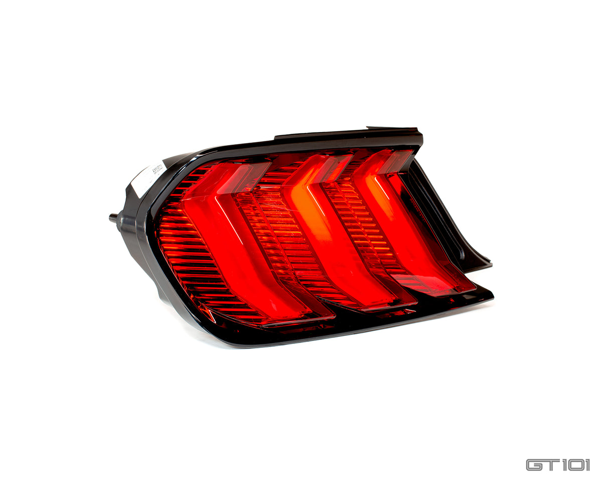 Ford Mustang red LED rear tail light clusters with three-bar design and black housings with sequential indicators – left and right replacement lights