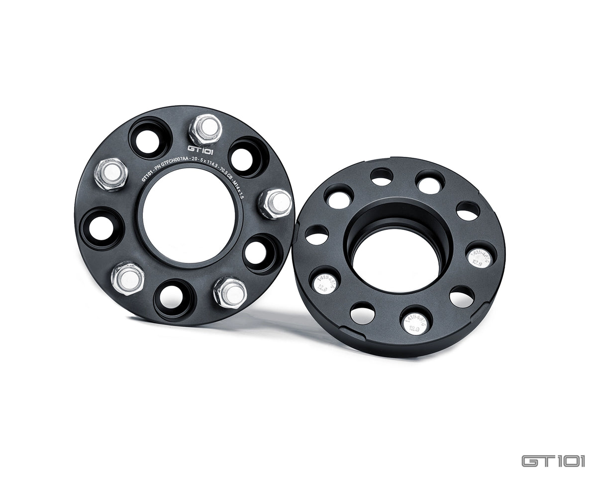 GT101 20mm hubcentric Ford Mustang wheel spacers in black anodised finish with integrated wheel studs and mounting nuts