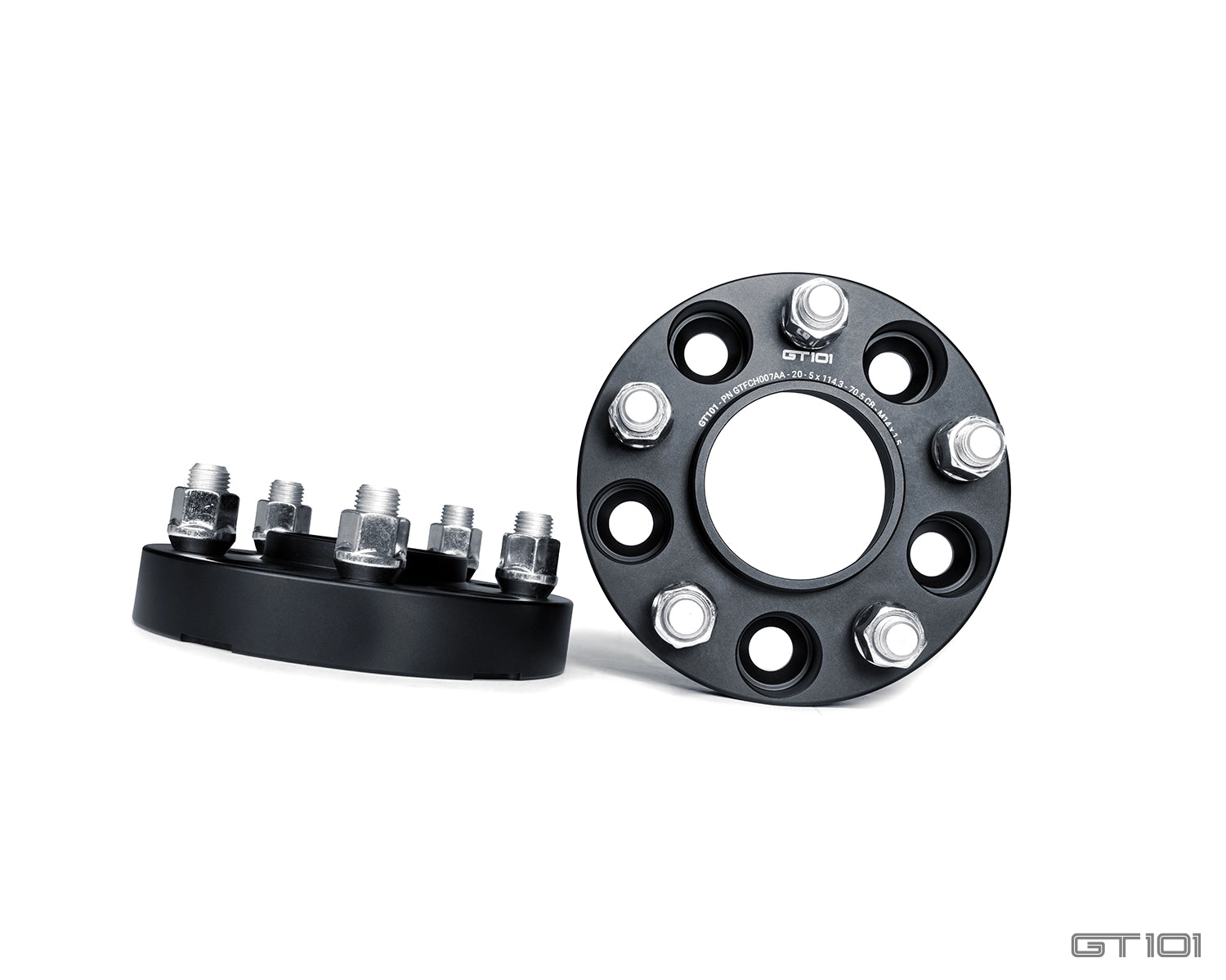 GT101 20mm hubcentric Ford Mustang wheel spacers in black anodised finish with integrated wheel studs and mounting nuts