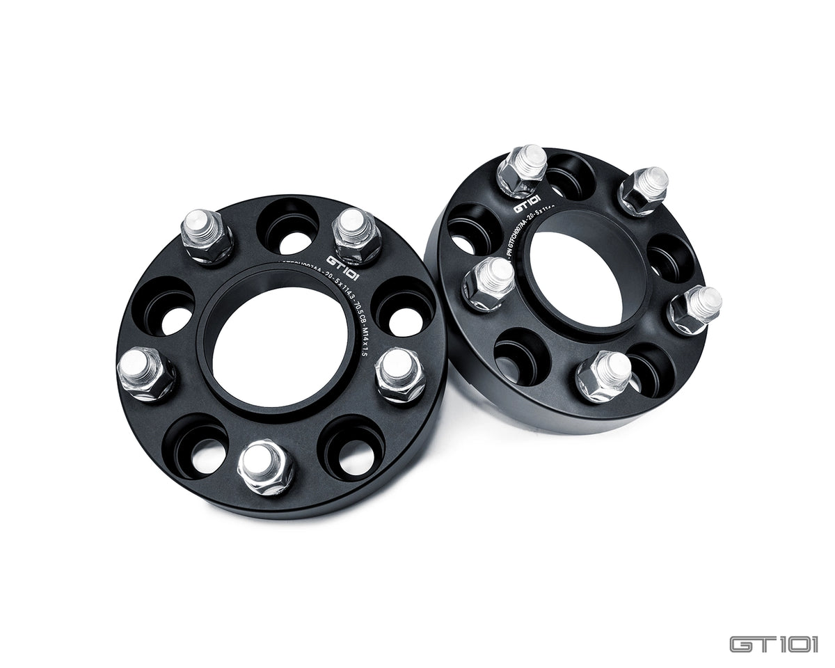 GT101 20mm hubcentric Ford Mustang wheel spacers in black anodised finish with integrated wheel studs and mounting nuts