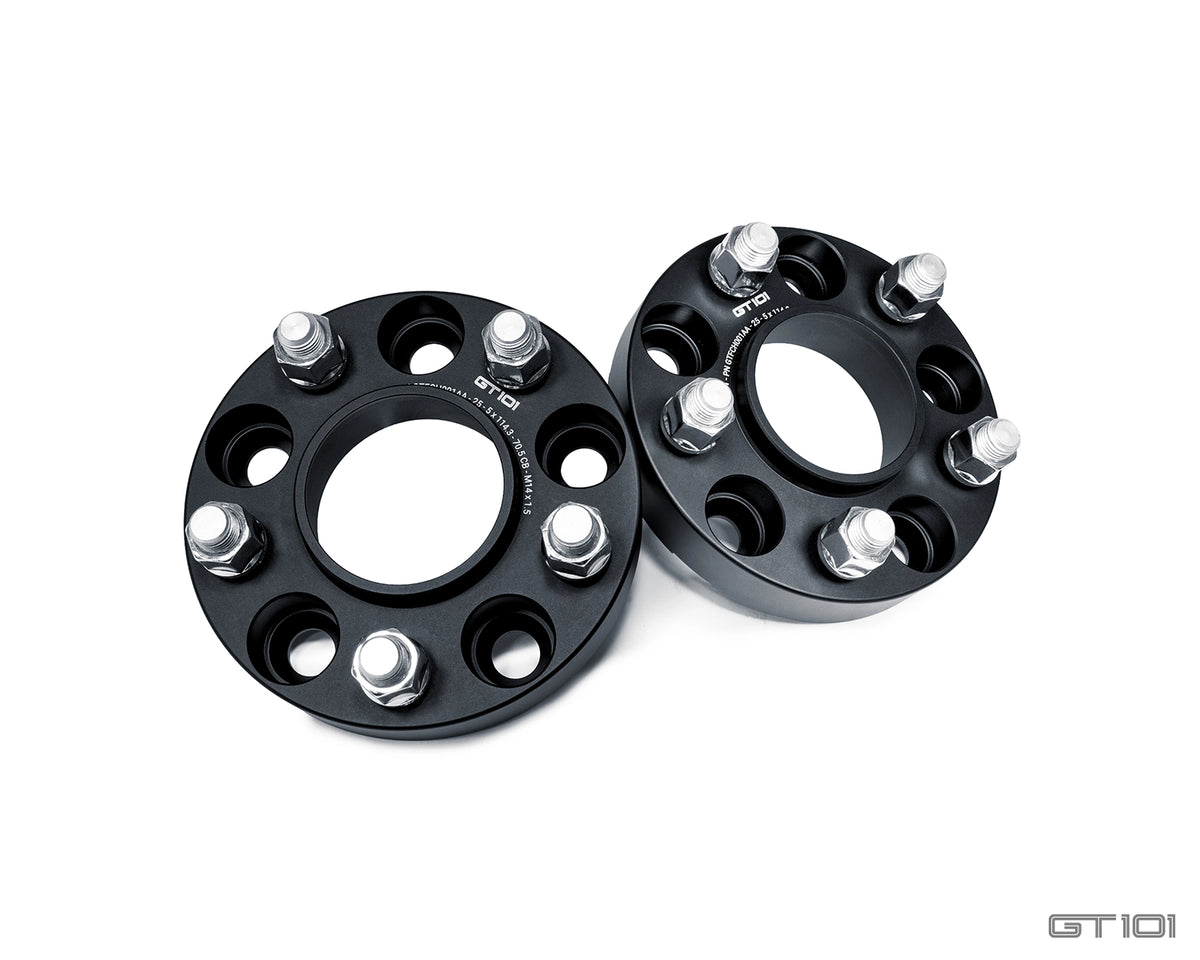 GT101 25mm hubcentric Ford Mustang wheel spacers in black anodised finish with integrated wheel studs and mounting nuts