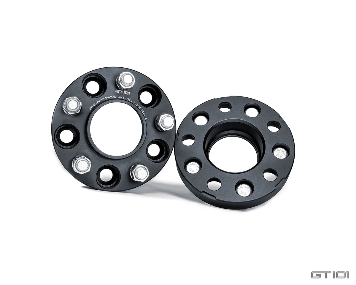 GT101 25mm hubcentric Ford Mustang wheel spacers in black anodised finish with integrated wheel studs and mounting nuts