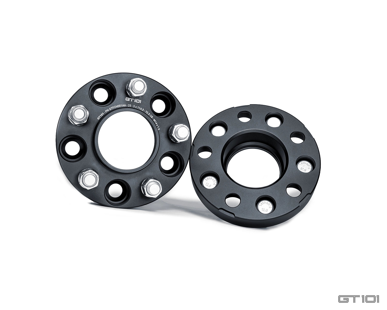 GT101 25mm hubcentric Ford Mustang wheel spacers in black anodised finish with integrated wheel studs and mounting nuts