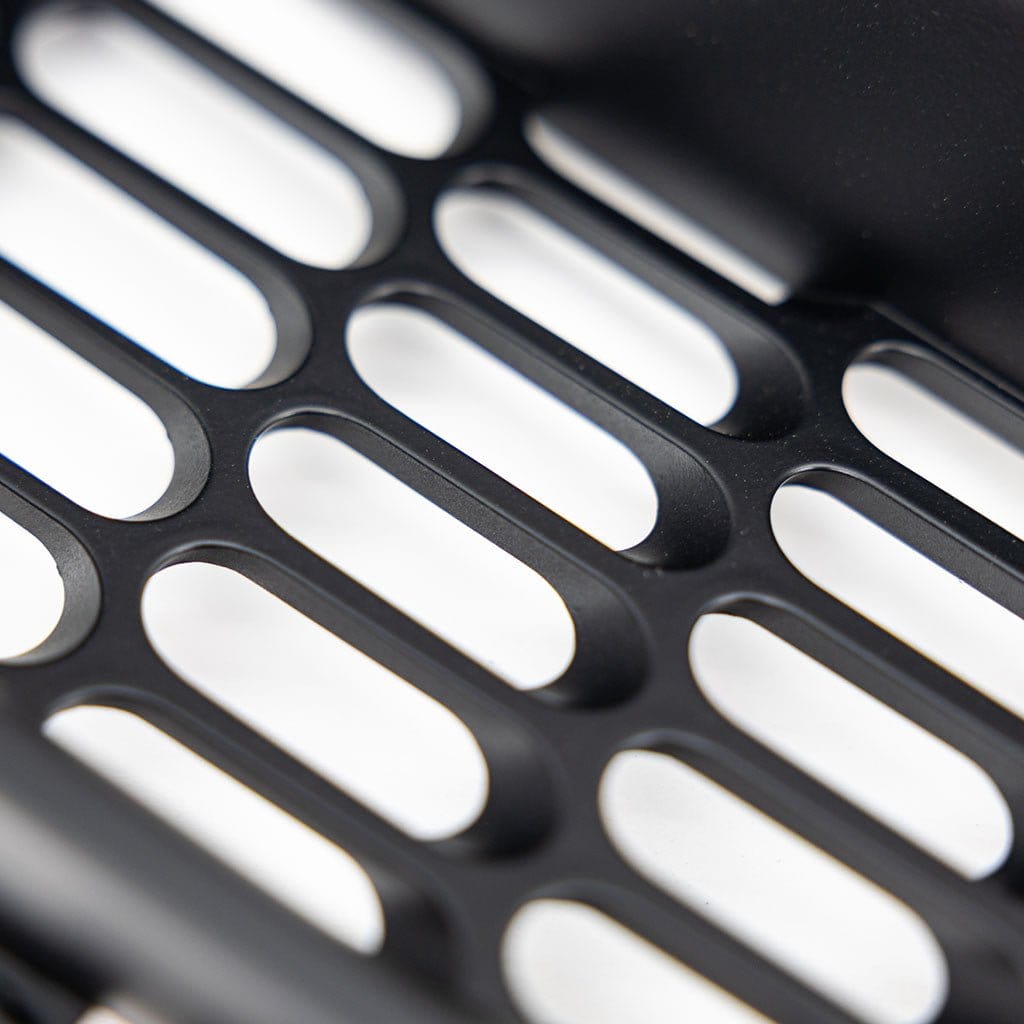 Close-up of RTR Corner Grilles for 24+ Mustang GT, showcasing signature Pill Pattern design and durable black ASA plastic construction. Easy, no-cut installation for a sleek, standout Ford Mustang upgrade.